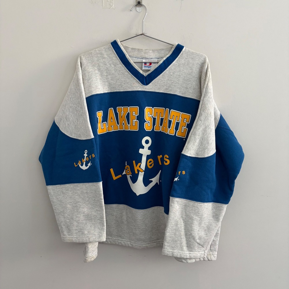 Vintage Dodger Lake State Lakers V-Neck Sweatshirt XXL Blue Gray USA Made